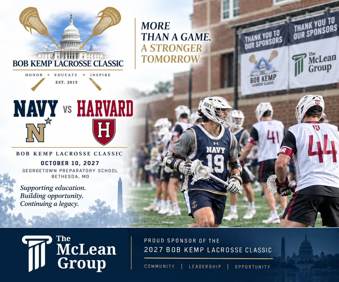 Bob Kemp Lacrosse Classic announcement for Navy vs Harvard, October 10, 2027, sponsored by The McLean Group