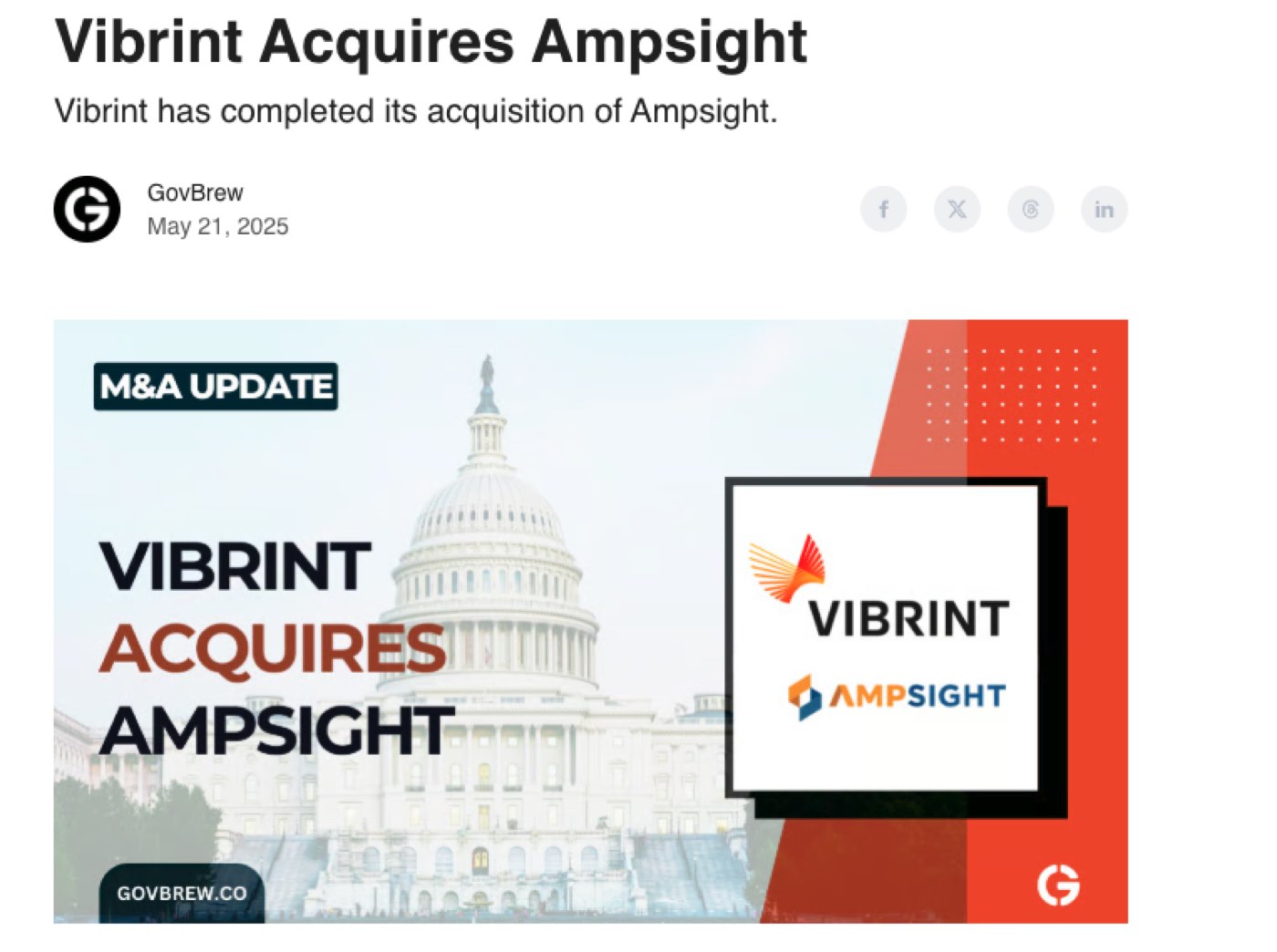 (GovBrew) Vibrint has completed its acquisition of Ampsight